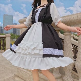 【ラスト2点】ロリータ　メイド　ガーリー　ゴスロリ　フリル　レース　ワンピース(ひざ丈ワンピース)