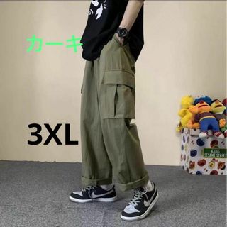 カーゴパンツ  袴パンツ  カーキ　3XL ワイド  韓国  ユニセックス(ワークパンツ/カーゴパンツ)