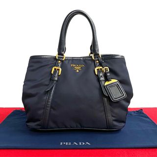 ほぼ 未使用 希少品 ネームタグ付 PRADA プラダ ロゴ 金具 ナイロン レザー 本革 ハンドバッグ ミニ トートバッグ ネイビー 14249