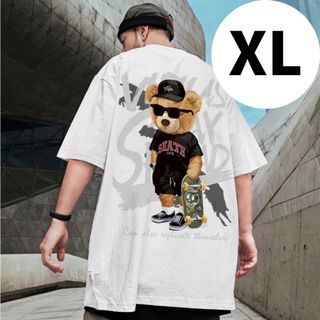 【爆売れ中】XLサイズ　白　オーバーサイズTシャツ　スケボー　くま　ストリート系(Tシャツ/カットソー(半袖/袖なし))