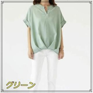 半袖トップス　フリーサイズ　グリーン　体型カバー　シフォン　タック(カットソー(半袖/袖なし))