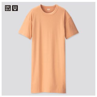 ユニクロ(UNIQLO)のUNIQLO U クルーネックTシャツワンピース　オレンジ　L(ひざ丈ワンピース)