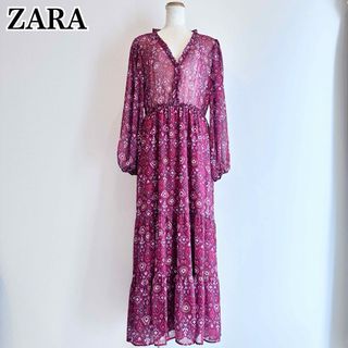 ザラ(ZARA)のZARA ザラ ロングワンピース シアーワンピース 総柄 ティアード フリル M(ロングワンピース/マキシワンピース)