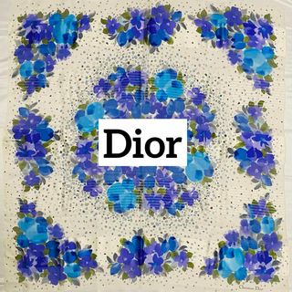 クリスチャンディオール(Christian Dior)の★Christian Dior★ スカーフ 大判 シフォン 花 ホワイト ブルー(バンダナ/スカーフ)