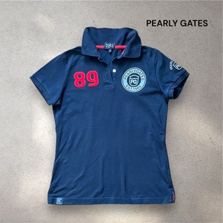 パーリーゲイツ(PEARLY GATES)のパーリーゲイツ ポロシャツ レディース サイズ2 ネイビー 紺 ワッペン ロゴ(ポロシャツ)