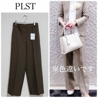 プラステ(PLST)の【新品タグ付】PLSTシャークスキンストレートパンツ　ブラウン　Lサイズ(カジュアルパンツ)