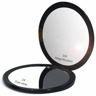 【色:ブラック】コンパクトミラー 化粧鏡 10倍拡大鏡 折りたたみ鏡 手鏡 両面(コフレ/メイクアップセット)