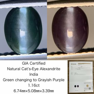 アレキサンドライトキャッツアイ 1.16ct  GIA宝石鑑別書付き  India  Green changing to Grayish Purple 6.74㎜×5.08㎜×3.39㎜ ルース（ 裸石 ）  1685Y(各種パーツ)