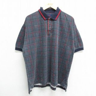 XL★古着 半袖 ポロ シャツ メンズ 00年代 00s 鹿の子 大きいサイズ コットン 紺他 ネイビー チェック 24may25 中古 トップス(ポロシャツ)