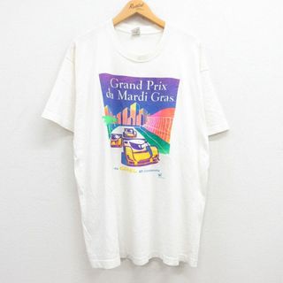 フルーツオブザルーム(FRUIT OF THE LOOM)のXL★古着 フルーツオブザルーム 半袖 ビンテージ Tシャツ メンズ 90年代 90s レーシングカー マルディグラ キャメル 大きいサイズ コットン クルーネック USA製 白 ホワイト 24may25 中古(Tシャツ/カットソー(半袖/袖なし))