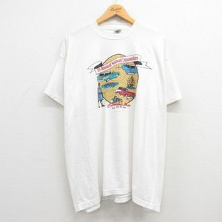 フルーツオブザルーム(FRUIT OF THE LOOM)のXL★古着 フルーツオブザルーム 半袖 ビンテージ Tシャツ メンズ 90年代 90s 車 クラシックカー 大きいサイズ クルーネック USA製 白 ホワイト 24may25 中古(Tシャツ/カットソー(半袖/袖なし))