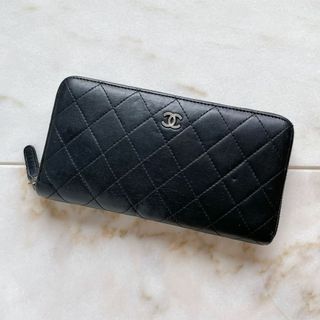 シャネル(CHANEL)のCHANEL シャネル マトラッセ ラムスキン レザー ラウンド長財布 黒(財布)