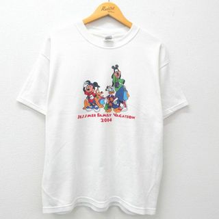 ディズニー(Disney)のXL★古着 半袖 ビンテージ Tシャツ メンズ 00年代 00s ディズニー DISNEY ミッキー MICKEY MOUSE グーフィー コットン クルーネック 白 ホワイト 24may25 中古(Tシャツ/カットソー(半袖/袖なし))