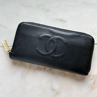 シャネル(CHANEL)のCHANEL シャネル キャビアスキン レザー ラウンド長財布 デカココ 黒(財布)