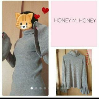 ♥HONEY MI HONEY 袖フリルグレーニットハイネック灰色タイトフィット