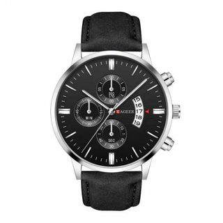 YAGEER社製 腕時計 ブラックxシルバー 黒レザーベルトL(腕時計(アナログ))