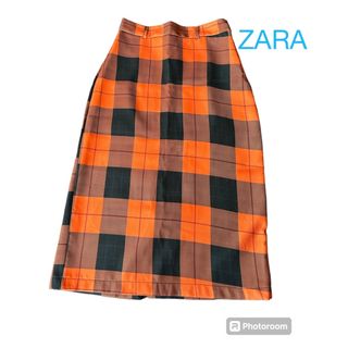 ザラ(ZARA)のZARA ザラ　チェック　オレンジ　タイトスカート　L(ひざ丈スカート)