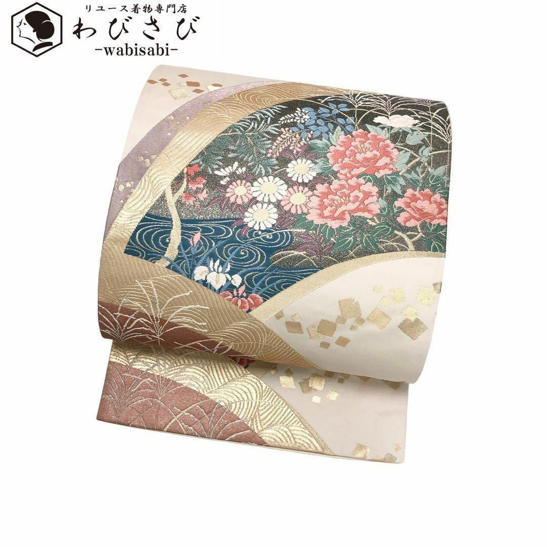袋帯 美しい牡丹の菊の花柄模様 流水 金糸 生成色 O-3701 袋帯 美しい牡丹の菊の花柄模様 流水 金糸 生成色 O-3701