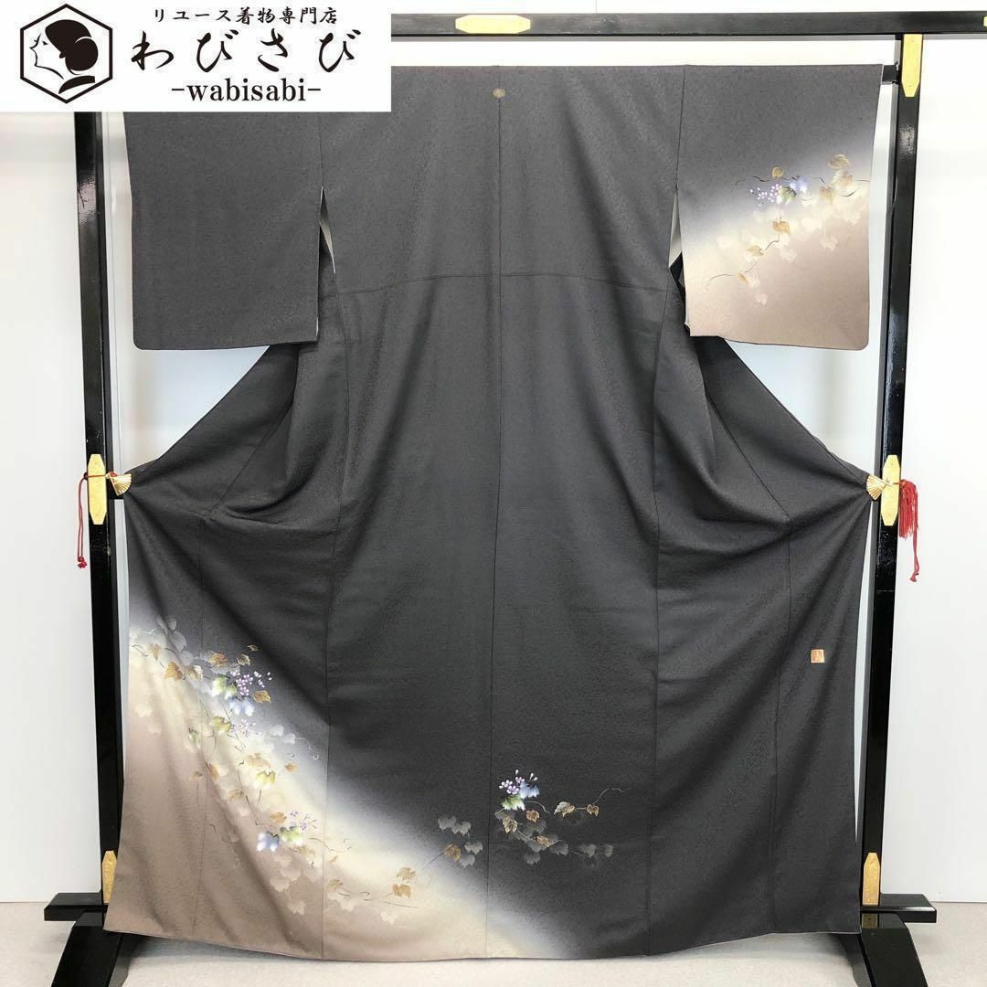 付下げ 作家物 花草模様 金彩友禅 暈し 石板色 トールサイズ K 付下げ 作家物 花草模様 金彩友禅 暈し 石板色 トールサイズ K