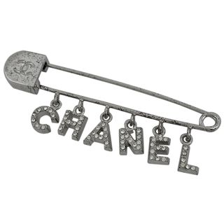 CHANEL - シャネル ココマーク ラインストーン ピンブローチ シルバーメッキ 【中古】