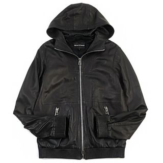 美品○EMPORIO ARMANI エンポリオ アルマーニ B48KF シープスキン ロゴ入り金具 ダブルジップ レザーパーカー/ブルゾン ブラック M 正規品 メンズ