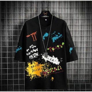 【残り1点】メンズ 　落書き風　ペイント　カラフルTシャツブラック黒 韓国半袖(Tシャツ/カットソー(半袖/袖なし))