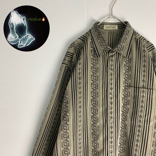 ヴィンテージ　長袖シャツ　総柄　柄シャツ　古着　黒　L　XL(シャツ)