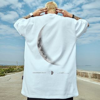 【人気商品】 メンズ　Tシャツ　五分袖　ホワイト　おしゃれ　ムーン　ゆったり(Tシャツ/カットソー(半袖/袖なし))