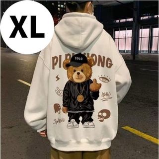 【大人気♪】XL　メンズ　パーカー　クマ　ホワイト　オーバーサイズ　白　韓国(パーカー)