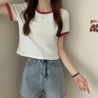 Tシャツ　L　白T　白　赤　バイカラー　リンガーシャツ　ショート丈　へそ出し(Tシャツ(半袖/袖なし))