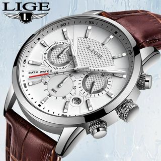 【正規品】LIGE　メンズ腕時計　クロノグラフ　カレンダー　シルバーホワイト(腕時計(アナログ))