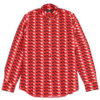 プラダ(PRADA)の未使用品△PRADA プラダ UCM608 コットン100％ 銃・ピストル柄 総柄 長袖シャツ レッド ブラック ホワイト 40 イタリア製 正規品 メンズ(シャツ)