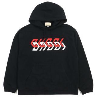 グッチ(Gucci)の美品△GUCCI グッチ 22SS 681210 コットン100％ ミラーロゴプリント ジャージー スウェットシャツ プルオーバーパーカー ブラック レッド ホワイト L イタリア製 正規品 メンズ 定価159,500円(パーカー)