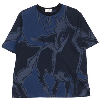 エルメス(Hermes)の美品●HERMES エルメス 21SS Dance of Horses Light 鹿の子生地 ニットソー 半袖Ｔシャツ ブルー系 M イタリア製 正規品 メンズ(Tシャツ/カットソー(半袖/袖なし))