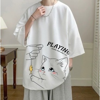 ★再入荷★　メンズ　Ｔシャツ　猫　Ｌサイズ　白　体型カバー(Tシャツ/カットソー(半袖/袖なし))
