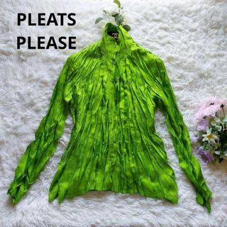 PLEATS PLEASE ISSEY MIYAKE - プリーツプリーズ　ISSEY MIYAKE　シワ加工　シャツ　黄緑　トップス　