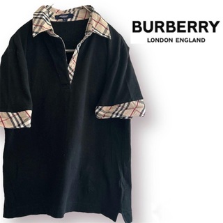 【美品】BURBERRYノバチェック ポロシャツ 刺繍ロゴ ブラック系
