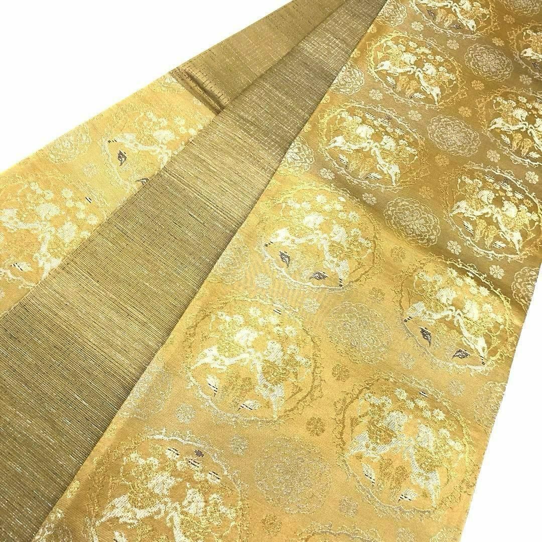 袋帯 華丸模様 双方馬模様 金糸 麦藁色 O-3209 袋帯 華丸模様 双方馬模様 金糸 麦藁色 O-3209
