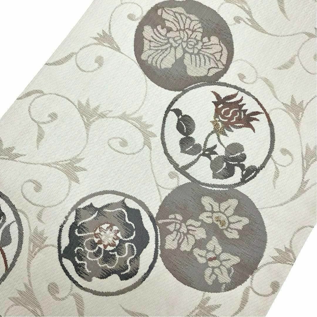 袋帯 丸に多様な花柄 花唐草模様 真珠色 ますいわ屋誂 O-3660 袋帯 丸に多様な花柄 花唐草模様 真珠色 ますいわ屋誂 O-3660