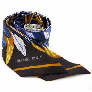 エルメス(Hermes)のほぼ未使用 エルメス HERMES スカーフ ツイリー トゥイリー DANSE PACIFIQUE ダンス パシフィック シルク フランス製 ブラック ブルー 中古 美品 羽 フェザー(バンダナ/スカーフ)