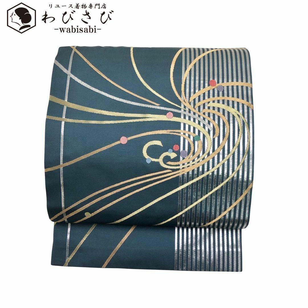 名古屋帯 縦縞模様 カラフルなドット柄 金銀糸 藍鉄色 O-3525 名古屋帯 縦縞模様 カラフルなドット柄 金銀糸 藍鉄色 O-3525