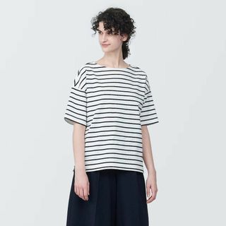 MUJI (無印良品) - 無印良品 ボーダーボートネック半袖Ｔシャツ ネイビーボーダー Lサイズ