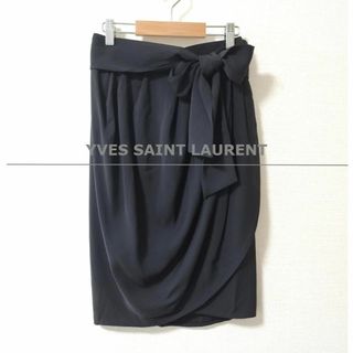 イヴサンローラン(Yves Saint Laurent)の美品 YVES SAINT LAURENT リボン タック 膝丈 ラップスカート(ひざ丈スカート)