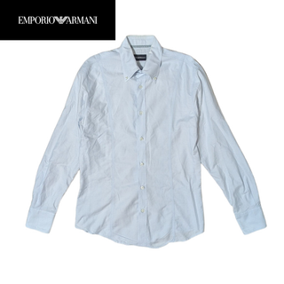 美品 アルマーニジュニア 16A ブルー ストライプ長袖シャツ ダークブルー ストライプ バンドカラー 長袖シャツ Armani