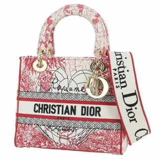 クリスチャンディオール(Christian Dior)のディオール レディーディーライト ミディアム ロワイユル ダムール キャンバス ホワイト レッド ゴールド レディース 新品同様 8727(ショルダーバッグ)