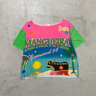 90年代 MANGUEIRA CARNAVAL 総柄 オールオーバープリントTシャツ レディースL相当 ショート丈(Tシャツ(半袖/袖なし))