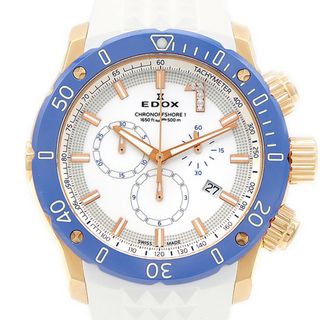 エドックス(EDOX)の電池交換済 EDOX エドックス クロノオフショア1 クロノグラフ スペシャルエディション 100本限定 10221-37RBU75-BIR7 ダイヤモンド 5Pダイヤ デイト 500m防水 白 ホワイト GP ゴールド CE セラミック 純正ラバーベルト 純正尾錠 メンズ クォーツ【6ヶ月保証】【腕時計】【中古】(腕時計(アナログ))