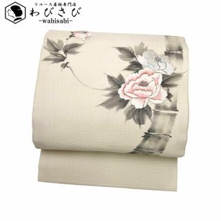 夏帯 名古屋帯 絽 美しい牡丹の花柄 刺繍 生成色 O-2785(着物)