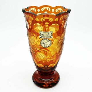 ボヘミア クリスタル(BOHEMIA Cristal)のボヘミアガラス エーゲルマン 色被せ グラヴィールカット アンバー・琥珀 花瓶(花瓶)