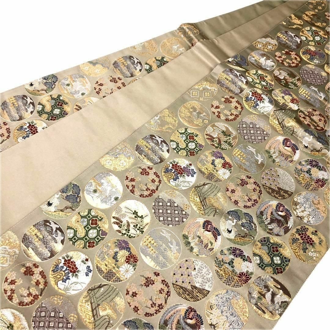 袋帯 錦繍細微 小さな丸に多様な柄模様 花々 鳳凰 鶴 金糸 蝋色 袋帯 錦繍細微 小さな丸に多様な柄模様 花々 鳳凰 鶴 金糸 蝋色